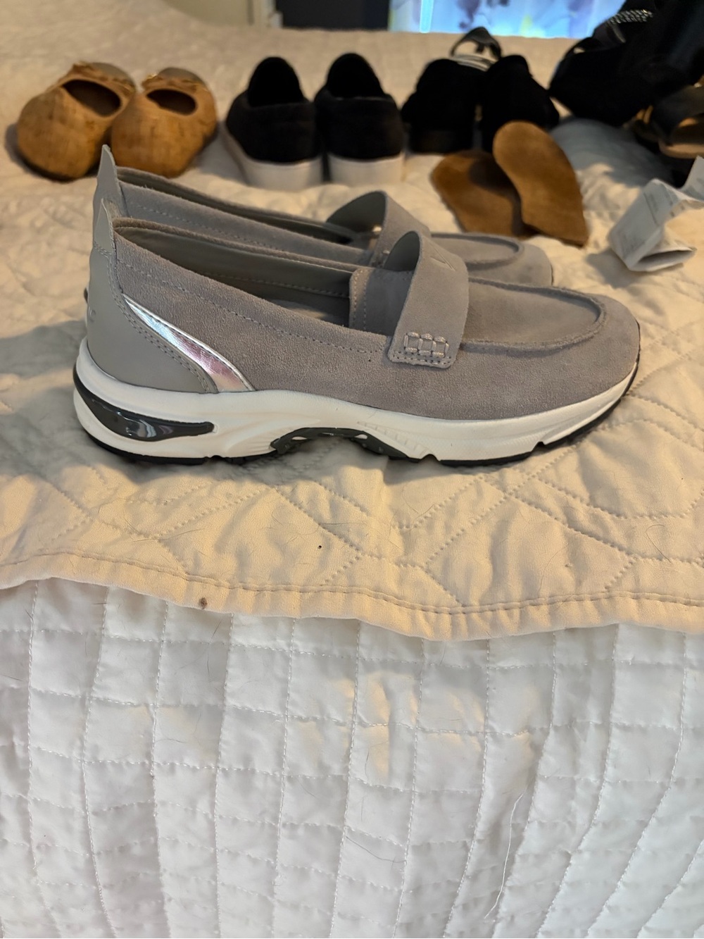 Vionic Light Gray Suede Slip-On Loafer with White Sole